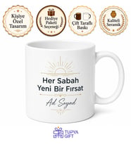 İsimli Sabah Kupası Baskılı Motivasyon Hediyesi Kişiye Özel Porselen Kupa Bardak