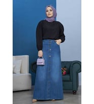 2079-Denim Düğmeli Etek Koyu Mavi