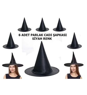 Halloween Siyah Renk Parlak Dralon Cadı Şapkası Yetişkin ve Çocuk Uyumlu 6 Adet
