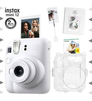 Instax mini 12 Beyaz Fotoğraf Makinesi-20'li Film-Kıskaçlı Stand-PVC Albüm ve Simli Pleksi Kılıf Seti