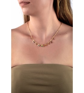 Altın Renkli İnce Zincirli Pastel Renk Taşlı Geometrik Charm Kolye