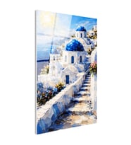 Tamperli Gerçek Cam Tablo Santorini Adası Ve Merdivenli Evler Şehir Ve Mimari Tablo Duvar Dekoru
