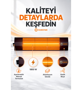 Sunstar Profesyonel Termostatlı Halojen Isıtıcı 1800 W – Ayarlanabilir Manuel Termostat, Alüminyum G