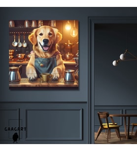 Kare Kanvas Kahve Köşesi Cafe Tablosu Barista Golden Köpek