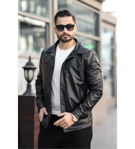 Yeni Sezon Erkek Baharlık Düğmeli İtalyan Kesim  Deri Ceket (Siyah)