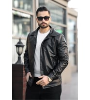 Yeni Sezon Erkek Baharlık Düğmeli İtalyan Kesim  Deri Ceket (Siyah)