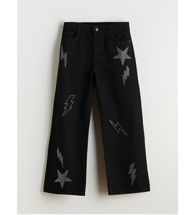 LCW Kids Siyah Wideleg Taşlı Kız Çocuk Jean Pantolon