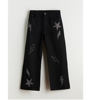 LCW Kids Siyah Wideleg Taşlı Kız Çocuk Jean Pantolon