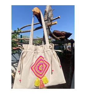 Büzgülü, Pembe Kare Motifli Tote Bez Omuz Çantası