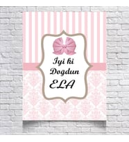 Pembe Çizğili Damask Desenli Doğum Günü Afişi
