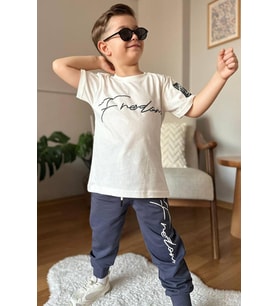 Erkek Çocuk Önü Fredoom Yazı Baskı Arkası Kartal Figürlü T-Shirt Siyah Eşofman T