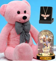 Büyük Boy Pembe Peluş Ayıcık, Kişiye Özel Led Işıklı Fanus ve Zümrüdü Anka Kuşu Kolye (Model 2)