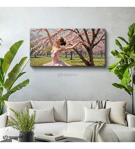 Yatay Panoramik Kanvas Tablo Balerin Çiçek Açan Ağaç Sanat Tablosu Ev Ofis Duvar Dekoru