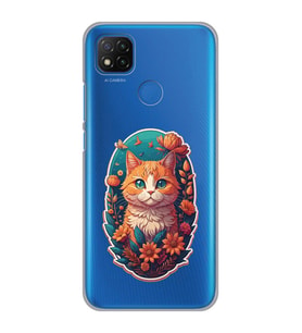 Xiaomi Redmi 9C / 10A Uyumlu Çiçek ve Kedi Tasarımlı Şeffaf Telefon Kılıfı