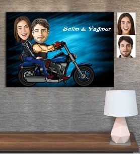 Kişiye Özel Karikatür Baskılı Ahşap Motorcu Sevgili-4 30x40