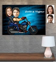 Kişiye Özel Karikatür Baskılı Ahşap Motorcu Sevgili-4 30x40