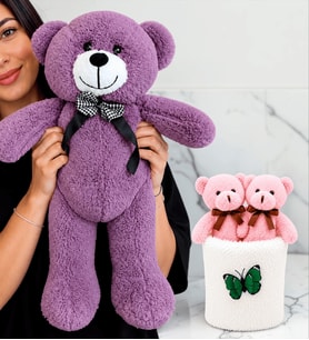 Büyük Boy Mor Peluş Ayıcık ve Peluş Saksıda Ayıcık Buketi Sevgiliye Kadına Arkadaşa Hediye