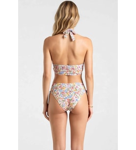 Kadın Bikini Takımı Bağlamalı Üçgen Yaka Çiçek Desenli Drapeli Ayarlanabilir Yüksek Bel Slip Alt