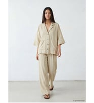 LCW Modest Bej Geniş Paça Çizgili Kadın %100 Keten Pantolon