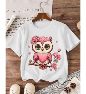 AMOR MAN BÜYÜK BEDEN ÖZEL TASARIM PEMBE KALPLİ BAYKUŞ BASKILI MODERN BATTAL KADIN T-SHIRT (Beyaz)