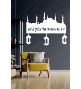 Hoşgeldin Ramazan Temalı Şamdanlı Ahşap Duvar Dekorasyonu - Kolay Montaj- 45x36 cm (Beyaz)