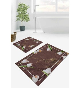 Kahverengi Çiçek Desen Banyo Halısı Klozet Paspas Seti BS012