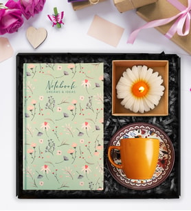 Tasarım Defter & Turuncu Fincan & Papatya Mum Hediye Seti