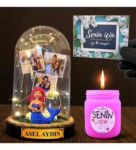Sizlere Özel Led Işıklı Fanus ve Mis Kokulu Mum Hediye Seti Kişiye Özel Hediye (Model 7)