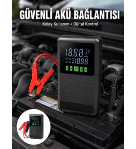 12.000 mAh Şarjlı Araç Akü Takviye ve Işıklı Hava Kompresörü Yeni Nesil