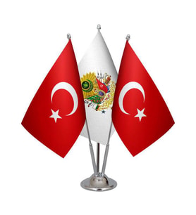 Masa Üstü Osmanlı Arması Bayrağı Türk Bayrağı Üçlü Krom Direk Masa Bayrak Seti