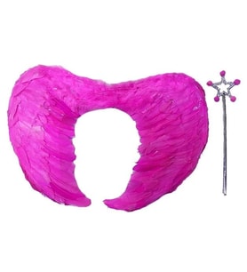 Gerçek Tüylü Katlanabilir Çocuk Pembe Melek Kanadı Ve Asa Seti 40x55 Cm