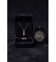 925 Ayar Gümüş Zirkon Taşlı Rose Işıltılı Özel Tasarım Modern Kolye Bileklik 2'li Takı Seti