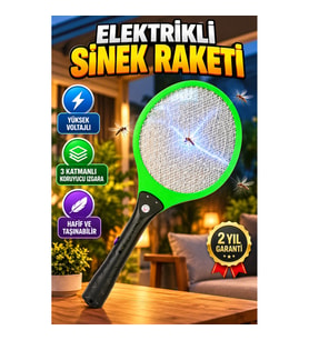 Elektrikli Sinek Raketi – Yüksek Voltajlı, 3 Katmanlı Koruyucu Izgaralı, Taşınabilir