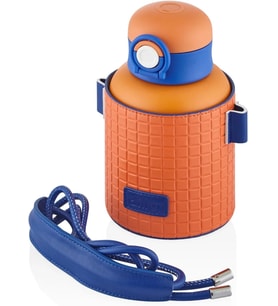 Diller 680ml Moda Waffle Çizgili Deri Kılıf Pipetli Askılı Kilitlenebilir Kapak Çelik Termos Matara (Turuncu)