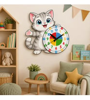 Sevimli Kedi Montessori Çocuk Odası Eğitici Ahşap Duvar Saati - Sessiz Mekanizma, Şık Tasarım Saat