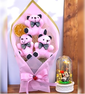 Büyük Boy Pembe Ayıcık Buketi & Işıklı Sevimli Pandalı Fanus  Peluş Ayıcıklar Ayıcık Buketi