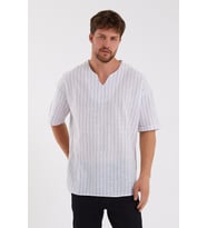 Erkek Ekru Açık V Yaka Oversize Kısa Kollu Çizgili Gömlek 22Y-4300634-1