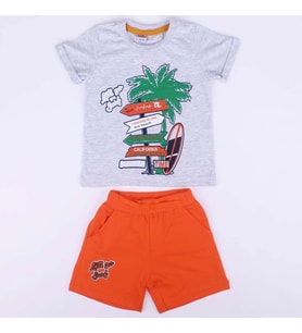 Erkek Çocuk Gri Turuncu Summer Time Yazılı Tabela Baskılı Şortlu 2'li Takım
