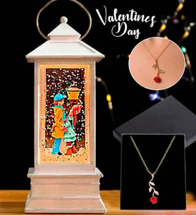 Sokak Lambası Romantik Aşıklar Işıklı Kule Kar Küresi & Gold Rose Gül Kolye Sevgiliye