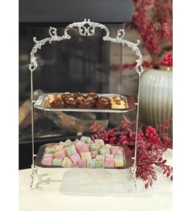 GÜMÜŞ KAPLAMA 2 KATLI TEPSİLİ SUNUMLUK DİKDÖRTGEN