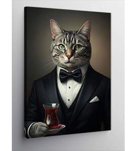 Kanvas Tablo Çay Tutan Şık Kedi