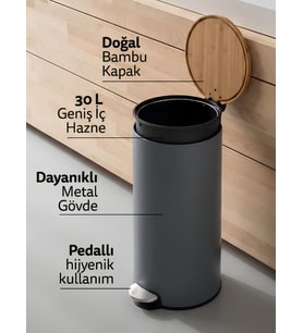5five Bambu Metal Pedallı 30 Lt. Gri Çöp Kovası