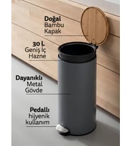 5five Bambu Metal Pedallı 30 Lt. Gri Çöp Kovası