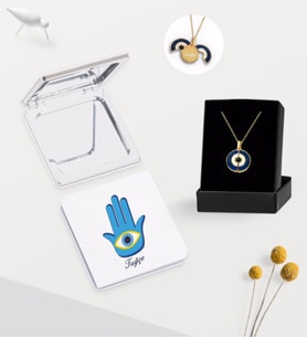 BK Gift Kişiye Özel İsimli Nazar Temalı Ayna ve Açılan Nazar Kolye Hediye Seti-3 (Beyaz)