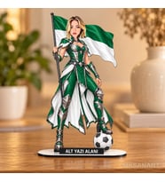 Kişiye Özel Yeşil Beyaz Kadın Süper Karikatürlü 18 cm MDF Masaüstü Biblo - Futbol Temalı Hediye Futbol Severlere ve Spor Tutkunlarına Hediye