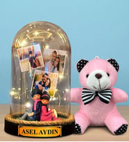 Kişiye Özel Tasarlanacak Led Işıklı Fanus ve Pembe Peluş Anahtarlık Hediye Seti (Model 8)