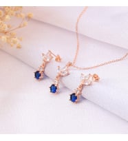 925 Ayar Gümüş Safir Taşlı Lotus Motifli Kolye Küpe Set