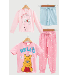 4'lü Winnie The Pooh Baskılı Tshirt Şort Pantolon Takım (Pembe)