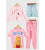 4'lü Winnie The Pooh Baskılı Tshirt Şort Pantolon Takım (Pembe)