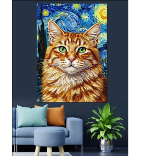 Van Gogh Tarzı Kedi Dekoratif Kanvas - Mdf Ahşap Tablo